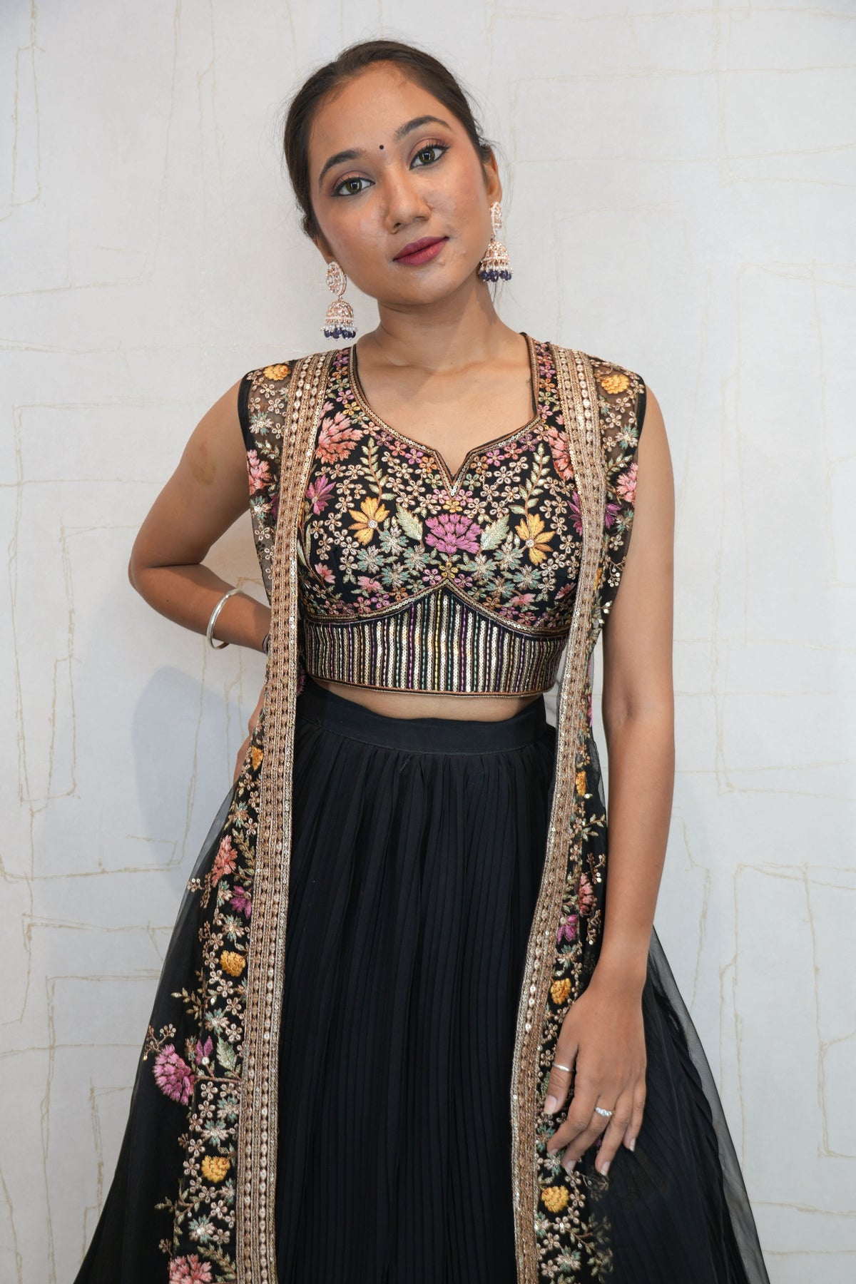 Black Designer Embroidered Net Crop Top