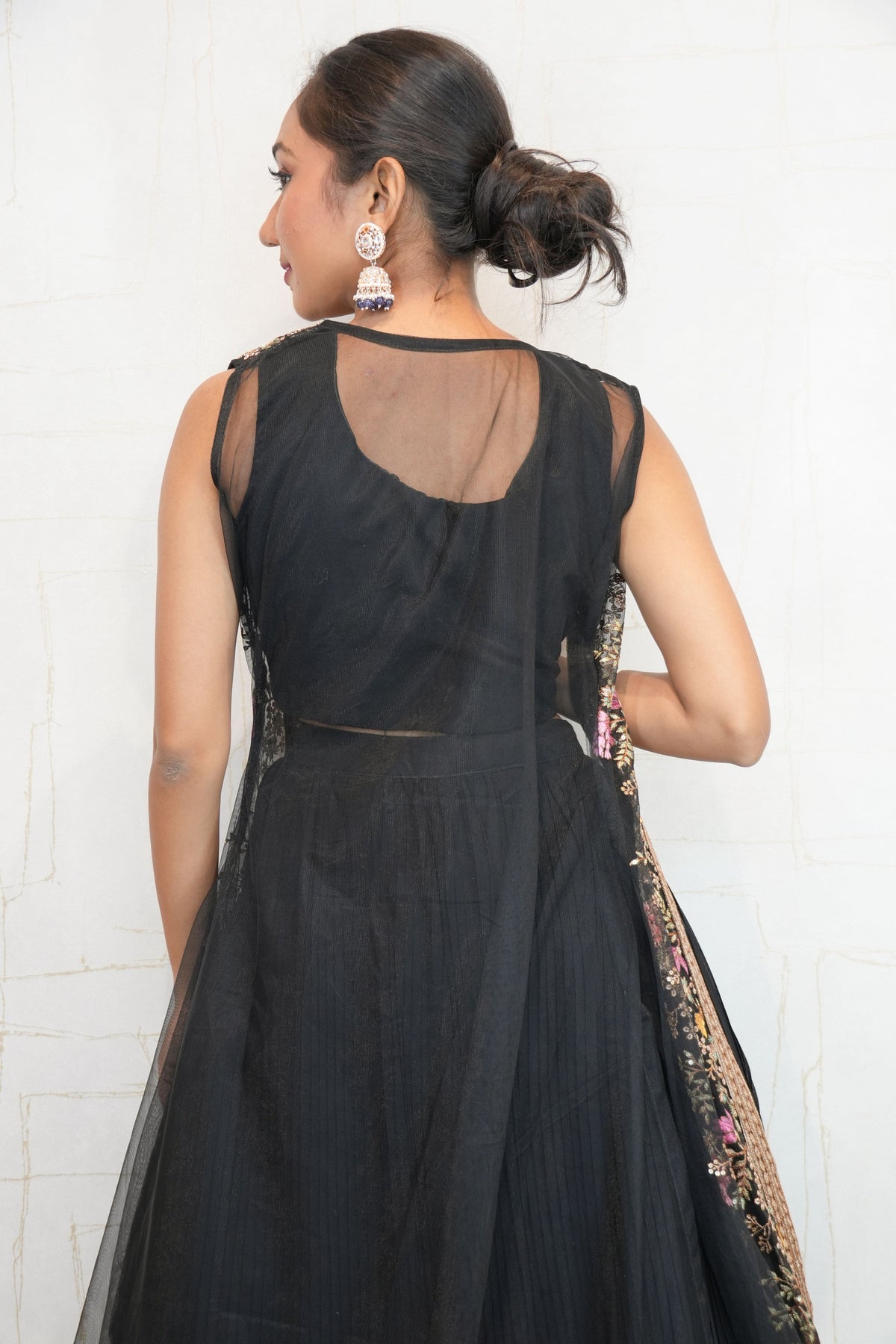 Black Designer Embroidered Net Crop Top