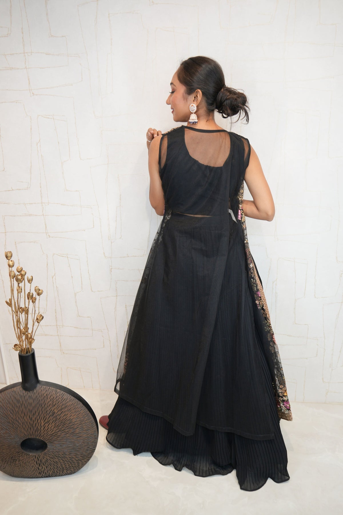 Black Designer Embroidered Net Crop Top