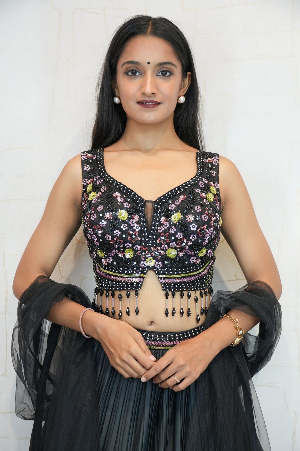Black Designer Embroidered Satin Silky Crop Top