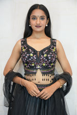 Black Designer Embroidered Satin Silky Crop Top