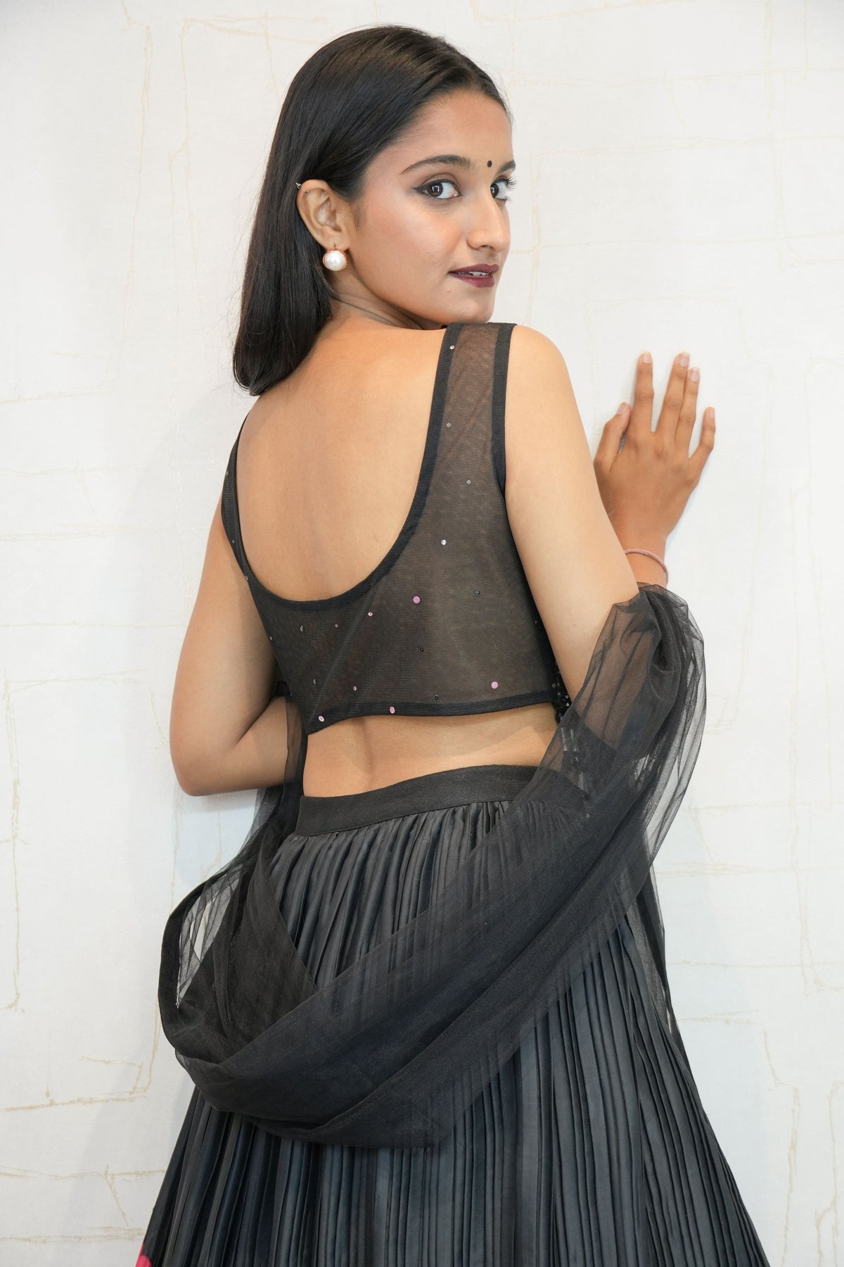 Black Designer Embroidered Satin Silky Crop Top