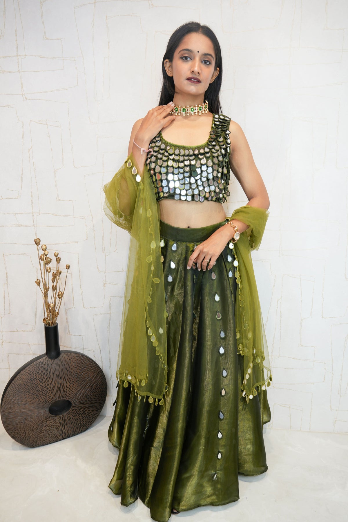 Olive Green Designer Embroidered Crop Top