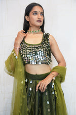 Olive Green Designer Embroidered Crop Top