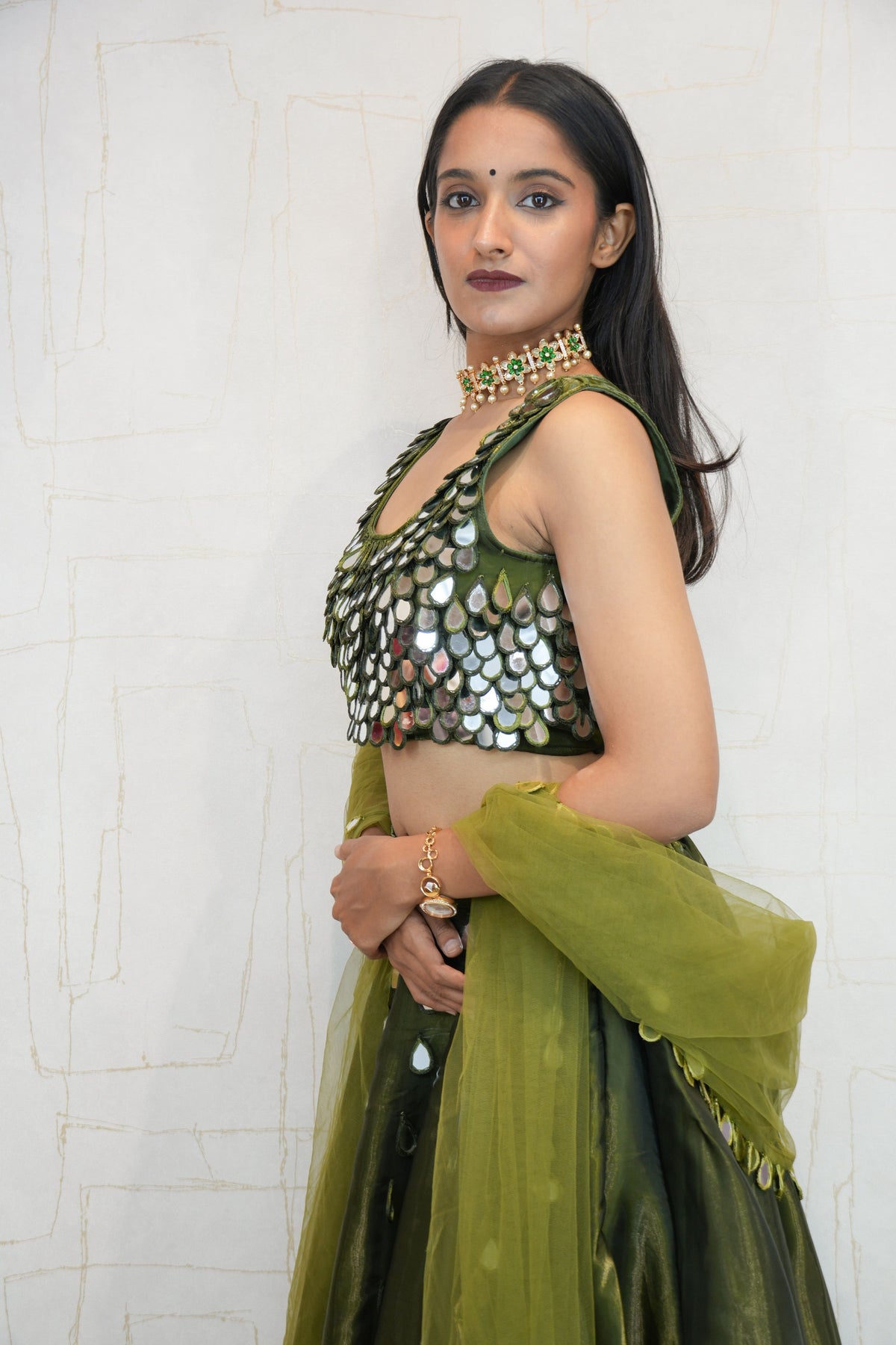 Olive Green Designer Embroidered Crop Top