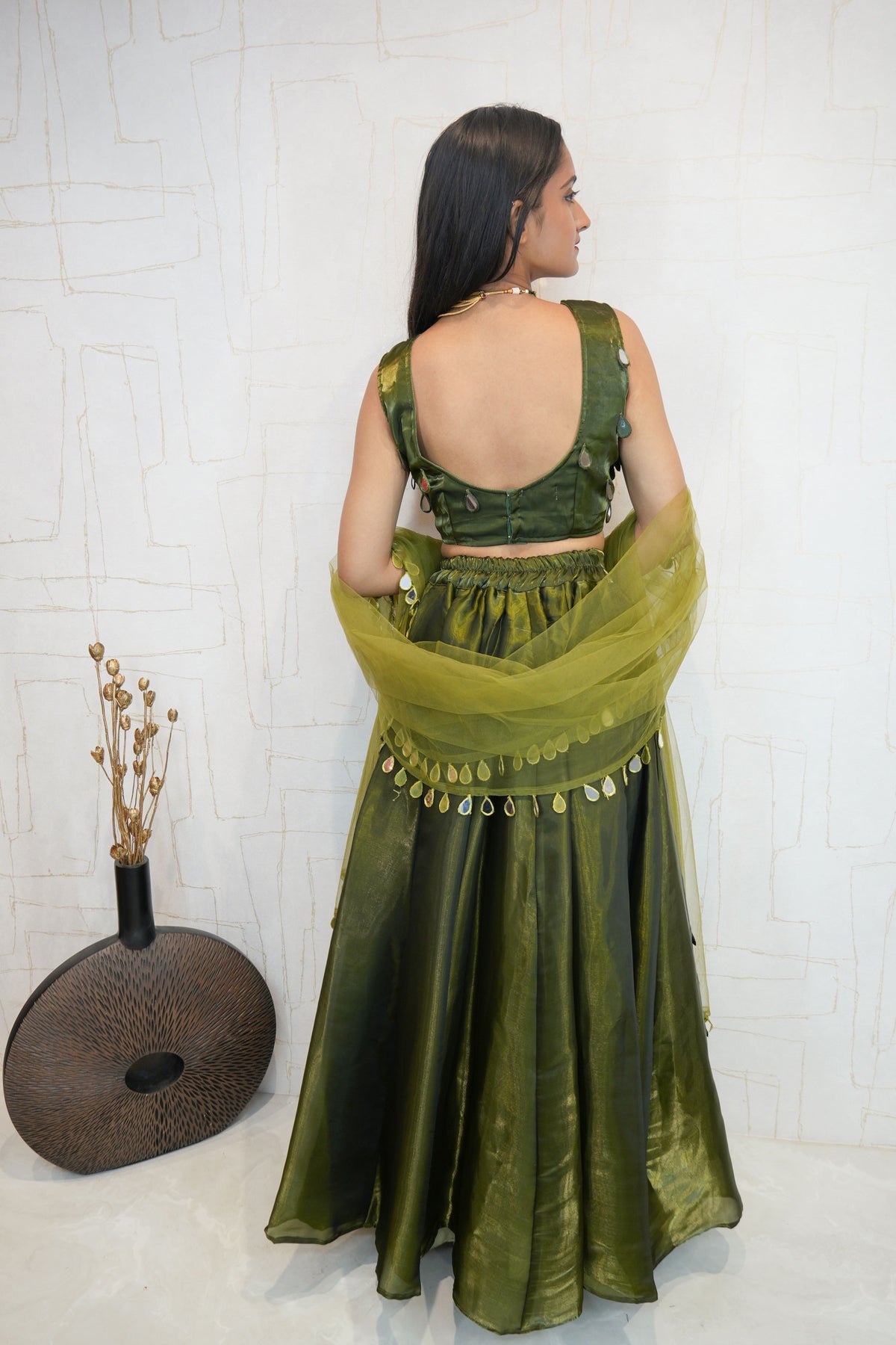 Olive Green Designer Embroidered Crop Top