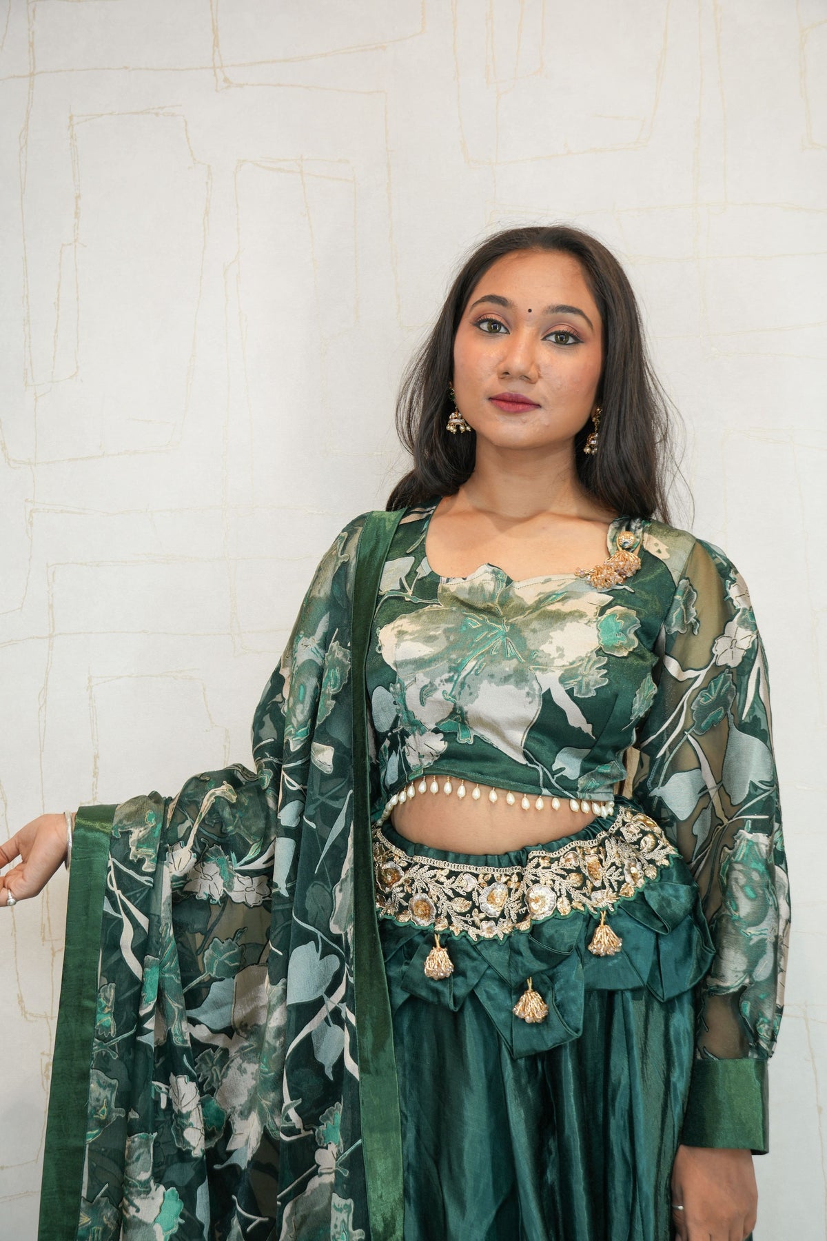 Deep Green Designer Embroidered Crop Top