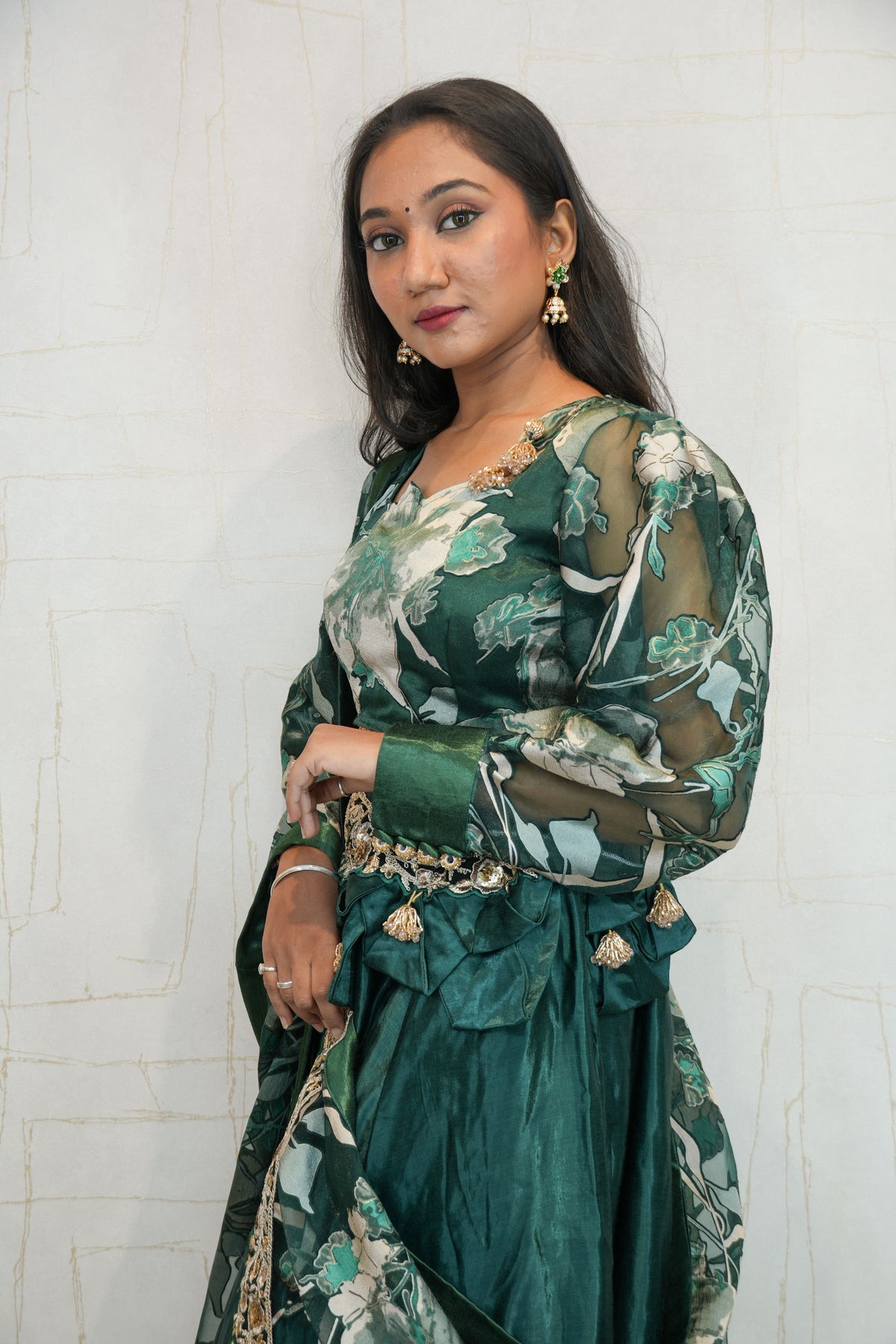 Deep Green Designer Embroidered Crop Top