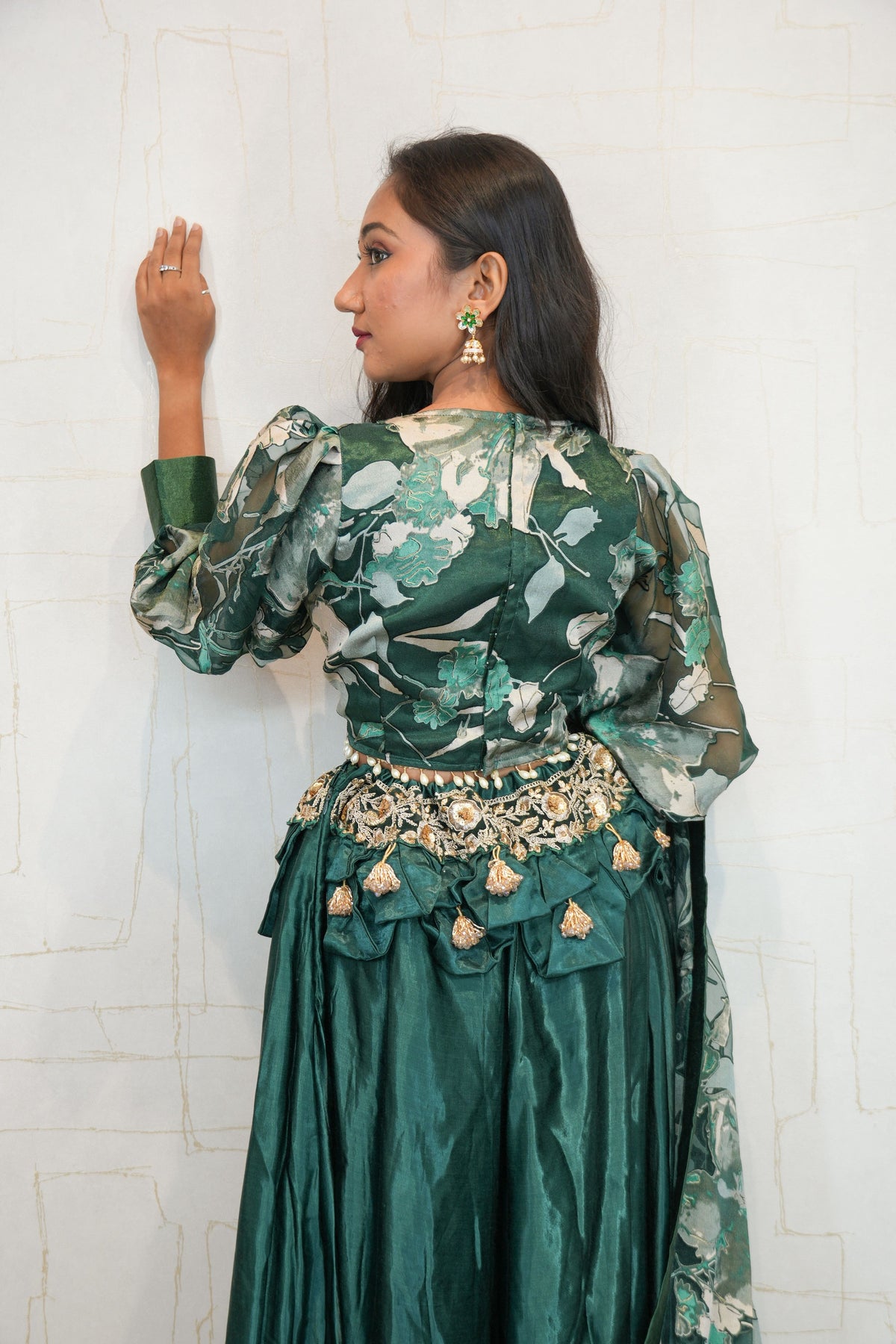 Deep Green Designer Embroidered Crop Top