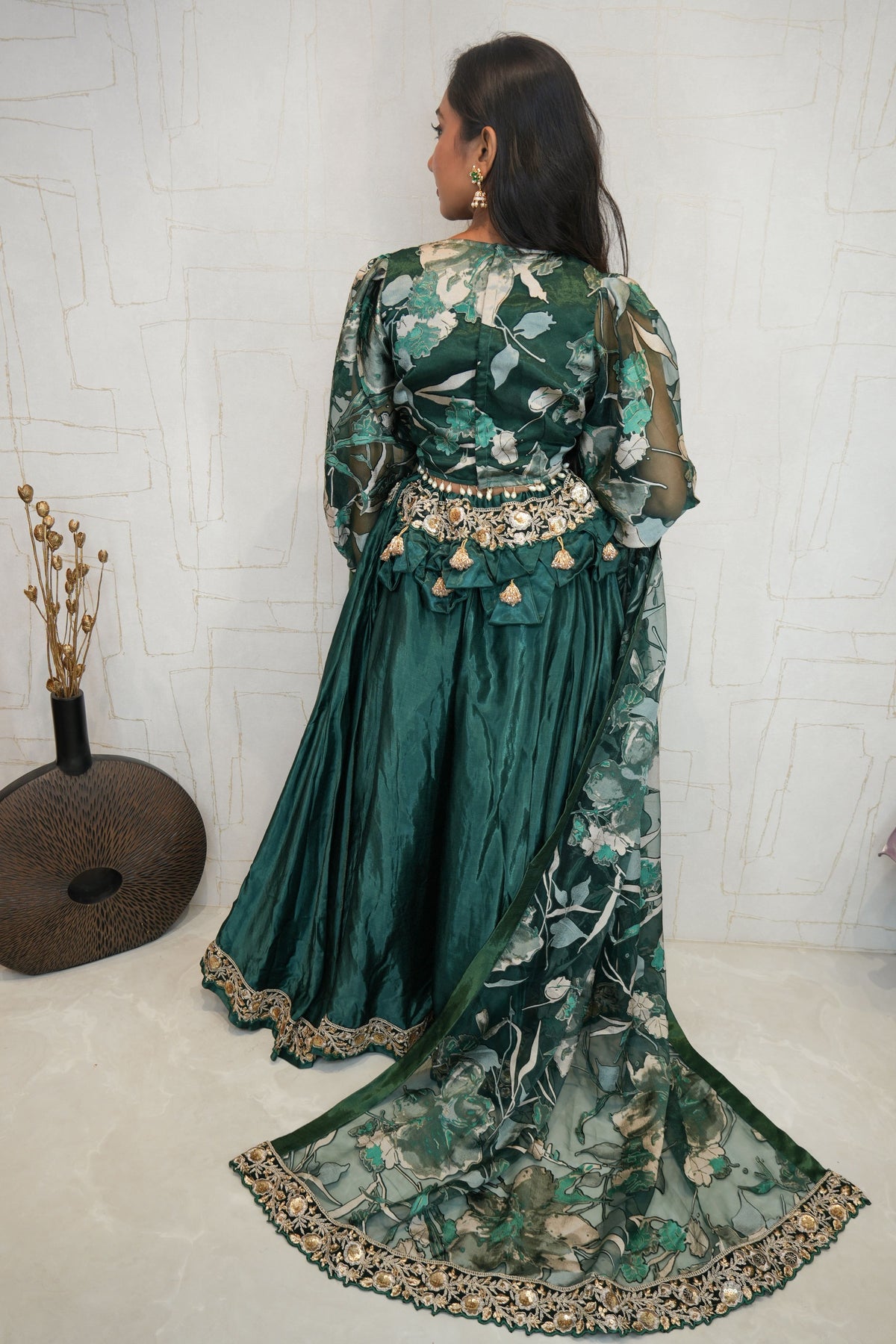 Deep Green Designer Embroidered Crop Top