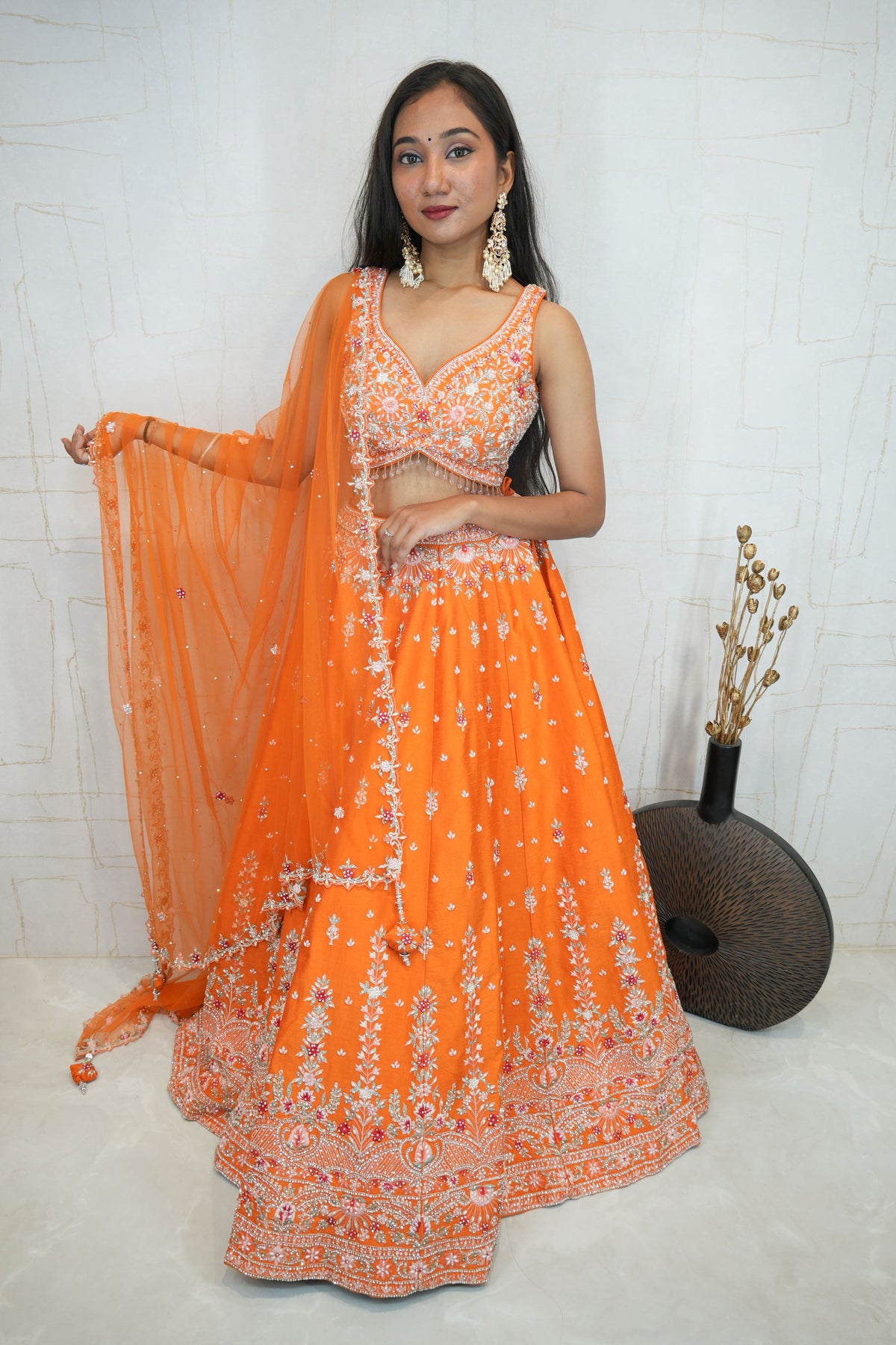 Embroidered Lehenga Set (Bright Orange)