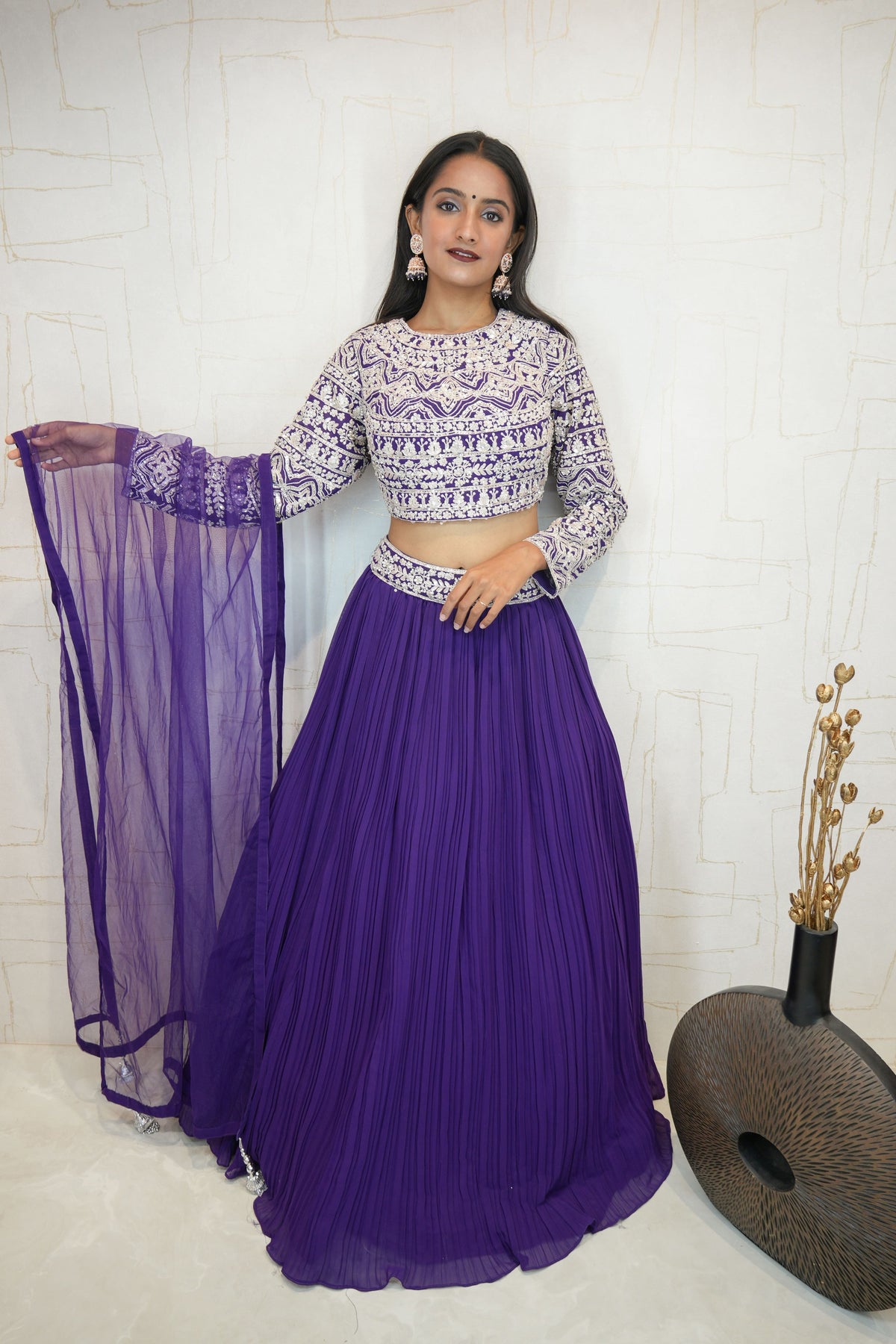 Embroidered Crop Top with Pleated Lehenga