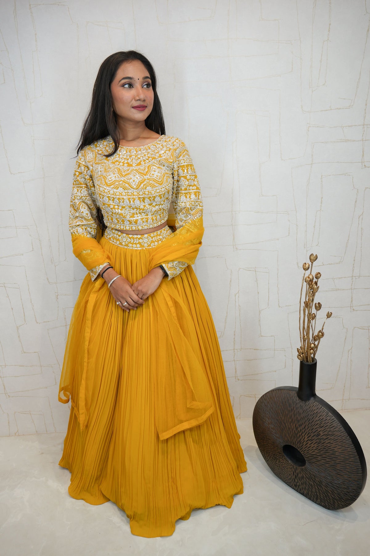 Embroidered Crop Top with Pleated Lehenga