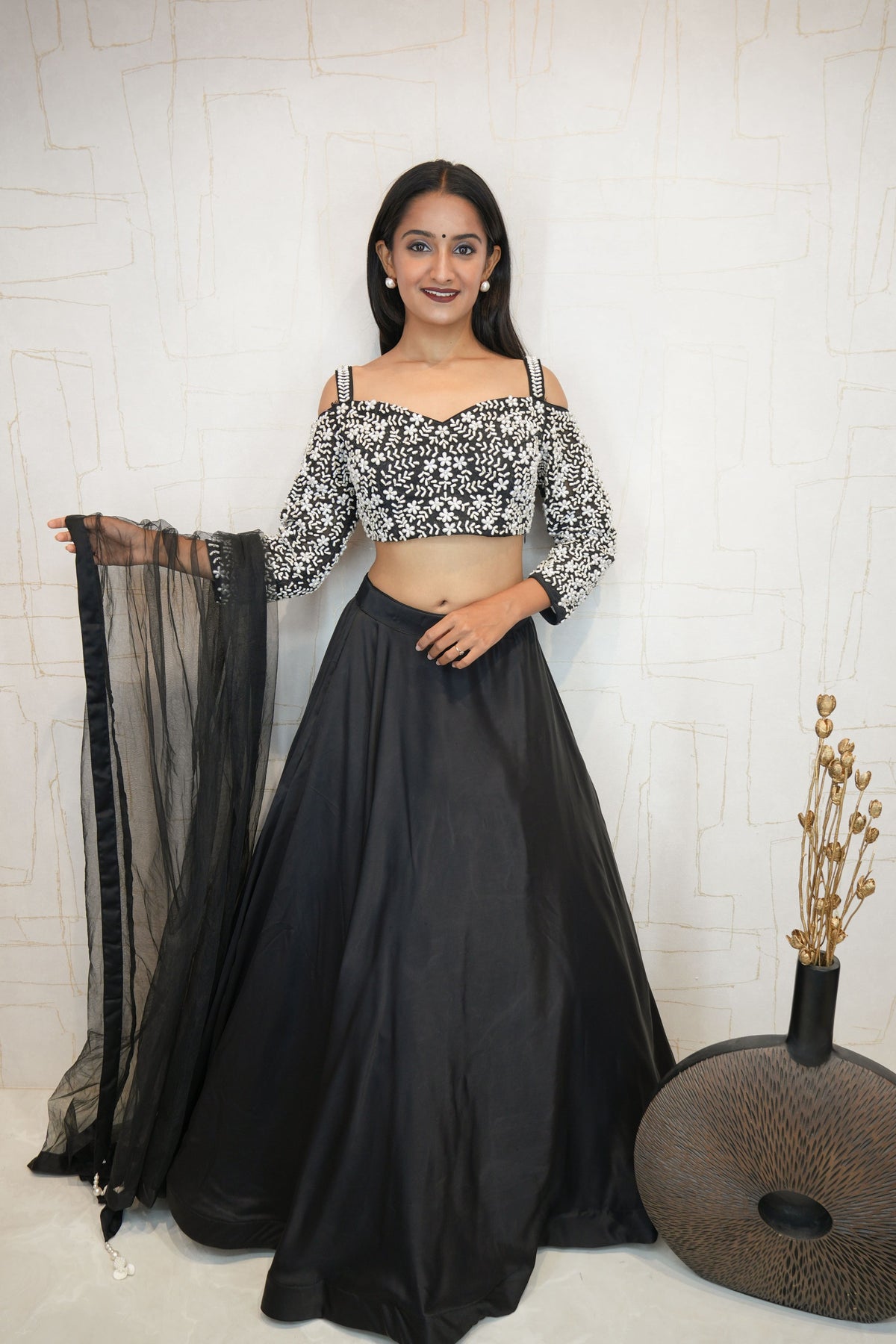 Embroidered Cold-Shoulder Crop Top with Flared Lehenga Set