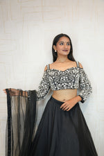 Embroidered Cold-Shoulder Crop Top with Flared Lehenga Set