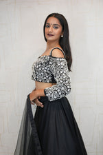 Embroidered Cold-Shoulder Crop Top with Flared Lehenga Set