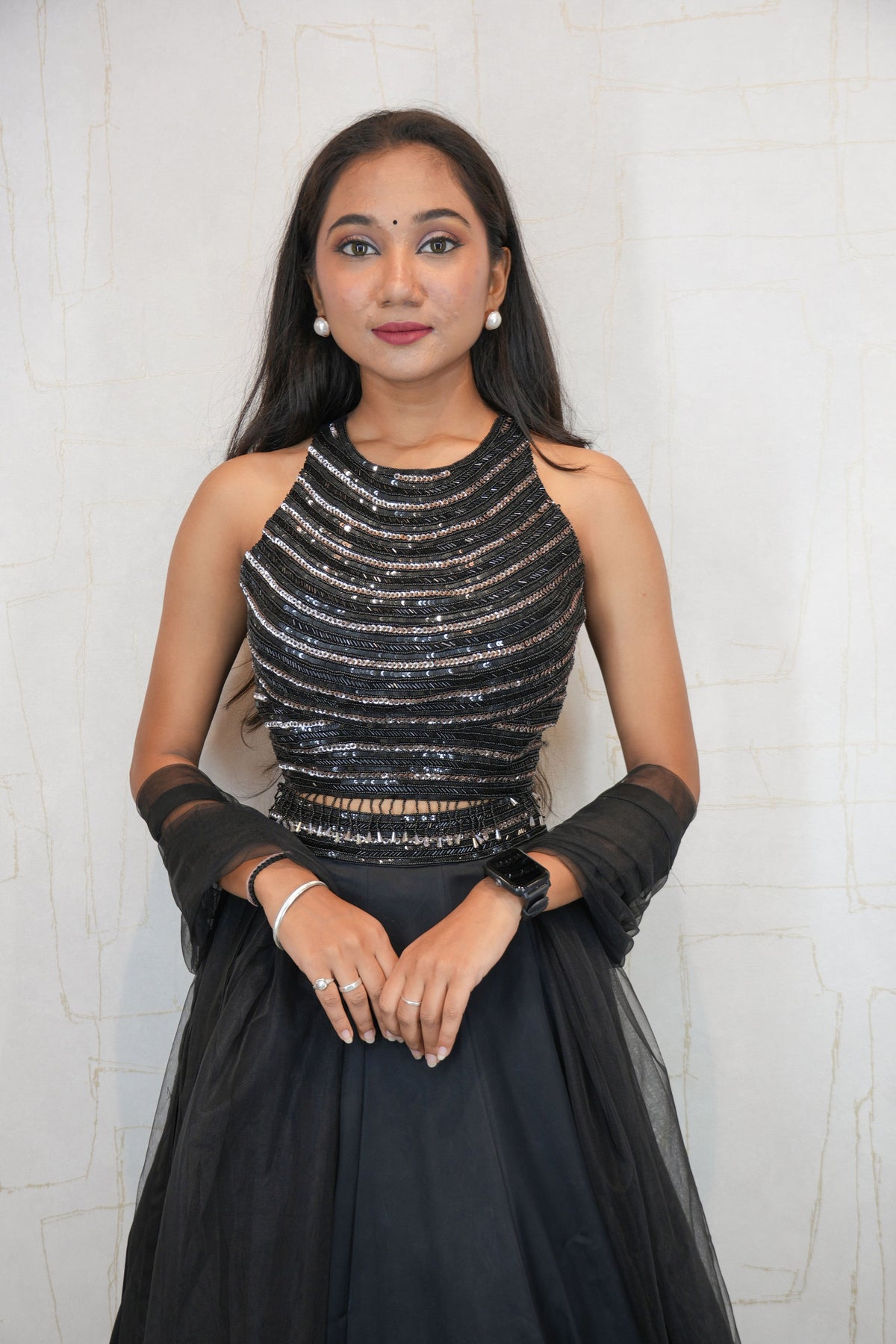 Black Halter Neck Crop Top with Flared Skirt and Dupatta
