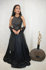 Black Halter Neck Crop Top with Flared Skirt and Dupatta