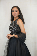 Black Halter Neck Crop Top with Flared Skirt and Dupatta