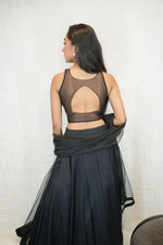 Black Halter Neck Crop Top with Flared Skirt and Dupatta