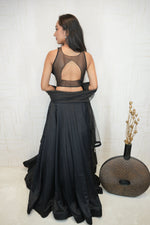 Black Halter Neck Crop Top with Flared Skirt and Dupatta