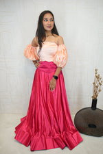 Peach Puff Sleeve Crop Top with Dark Magenta Flared Skirt Set