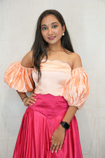 Peach Puff Sleeve Crop Top with Dark Magenta Flared Skirt Set
