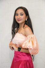 Peach Puff Sleeve Crop Top with Dark Magenta Flared Skirt Set