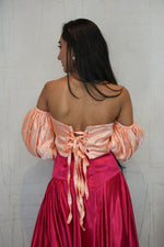 Peach Puff Sleeve Crop Top with Dark Magenta Flared Skirt Set