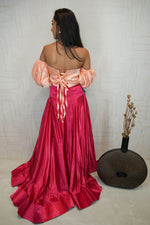 Peach Puff Sleeve Crop Top with Dark Magenta Flared Skirt Set