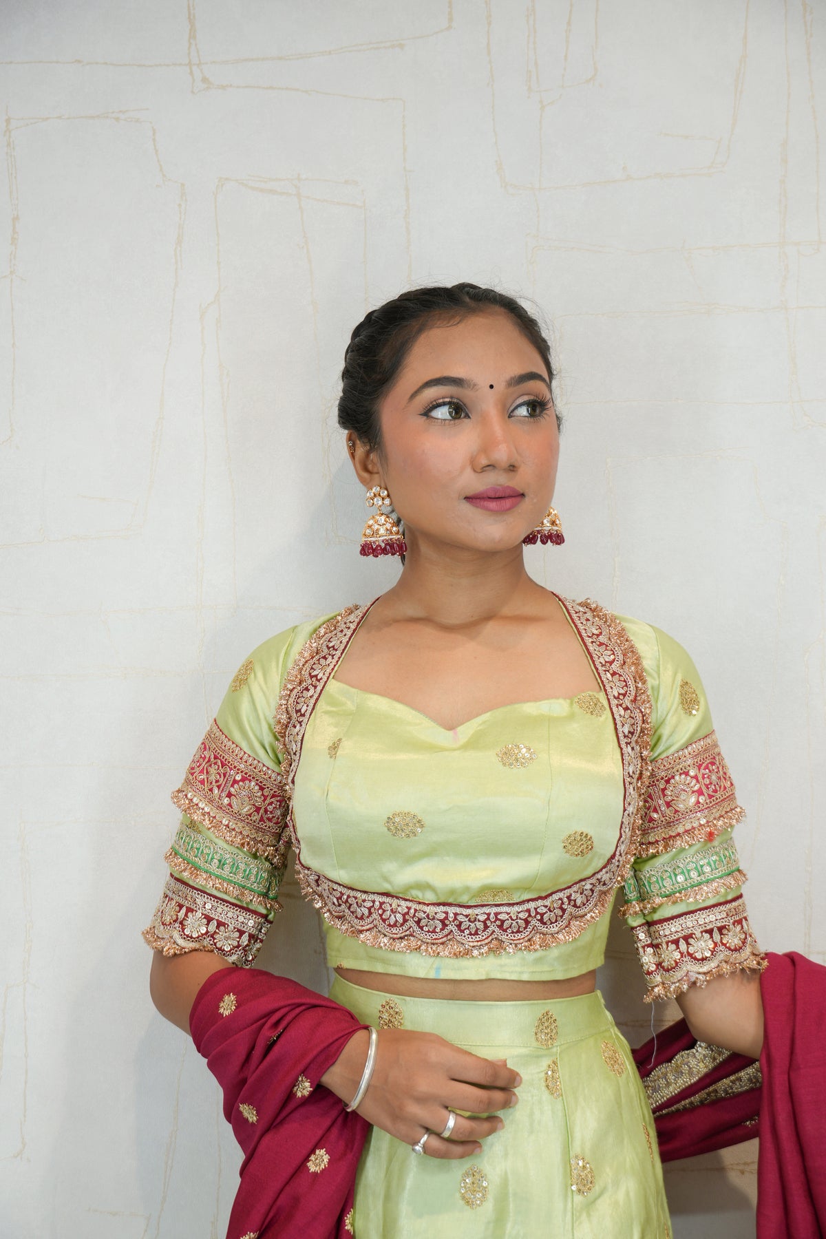 Light Green Embroidered Lehenga with Maroon Dupatta