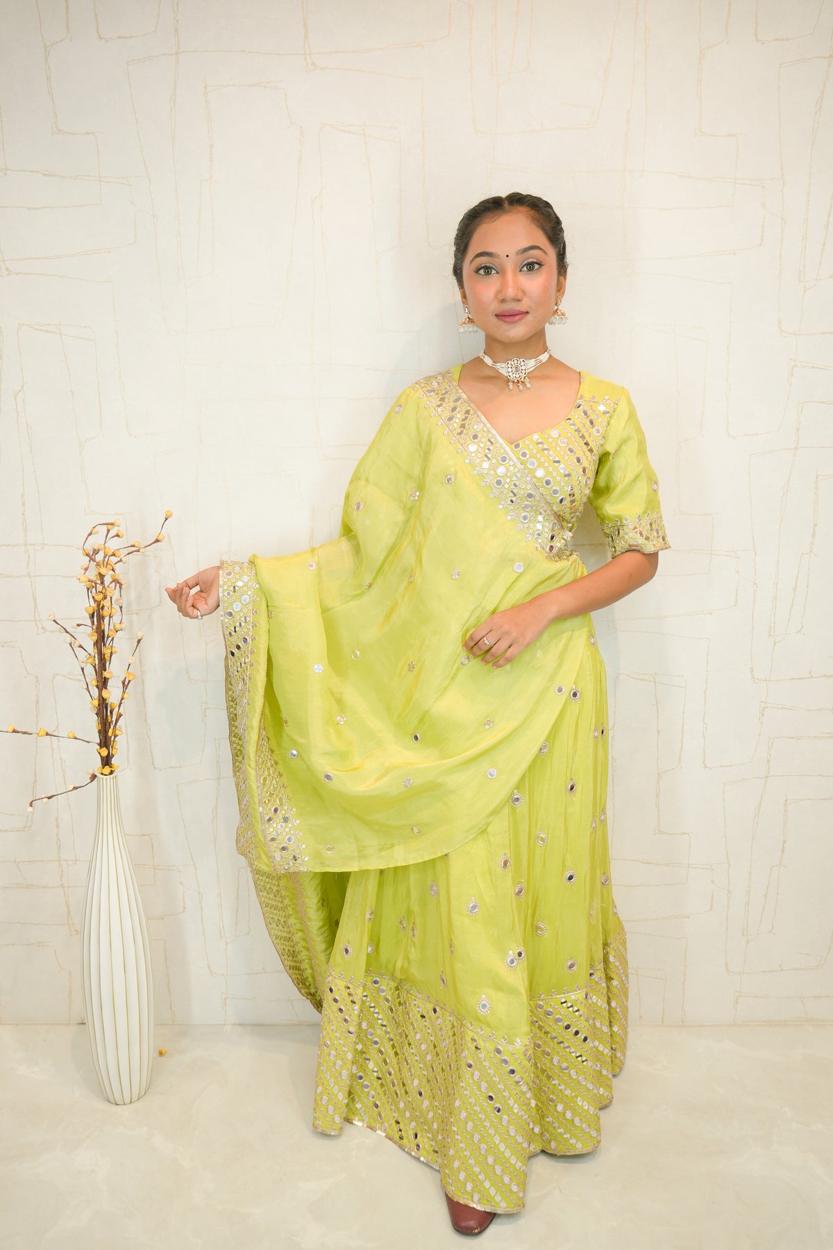 Lime Green Mirror Work Lehenga Choli
