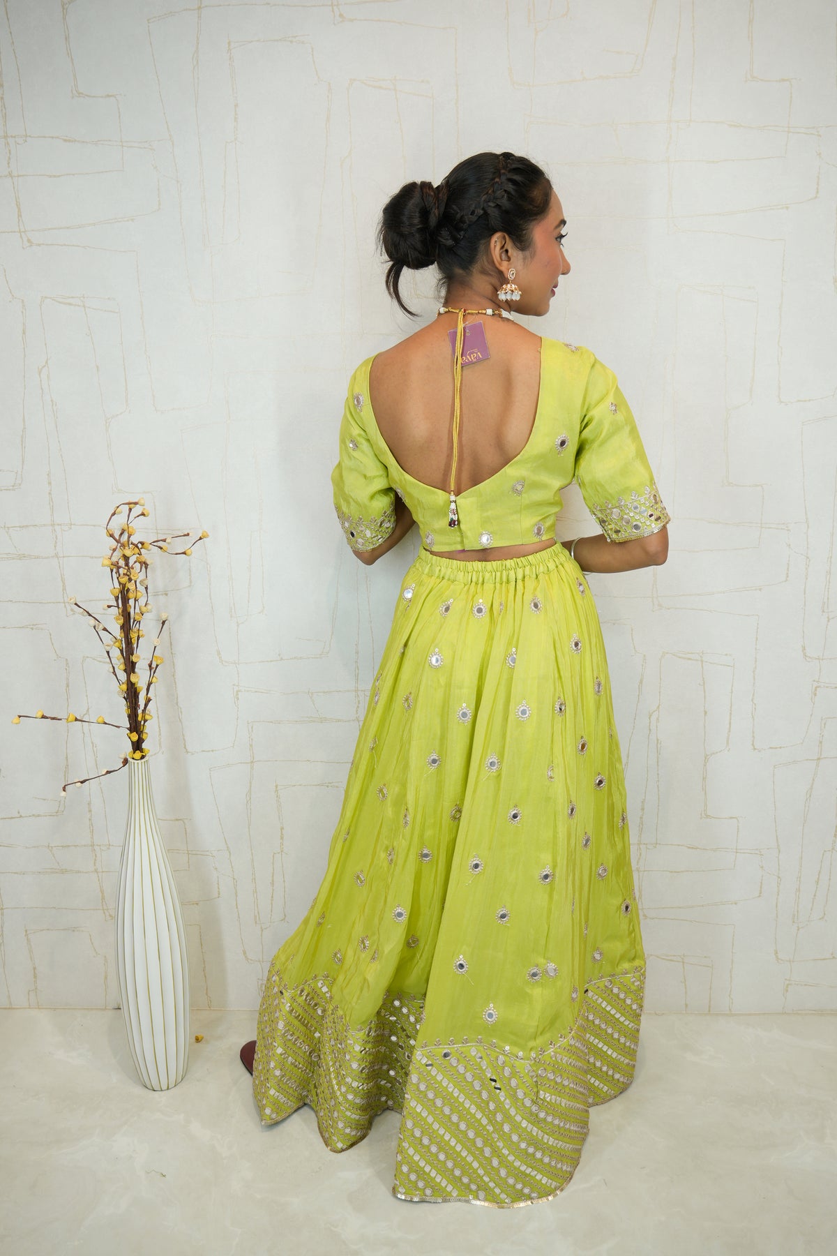 Lime Green Mirror Work Lehenga Choli