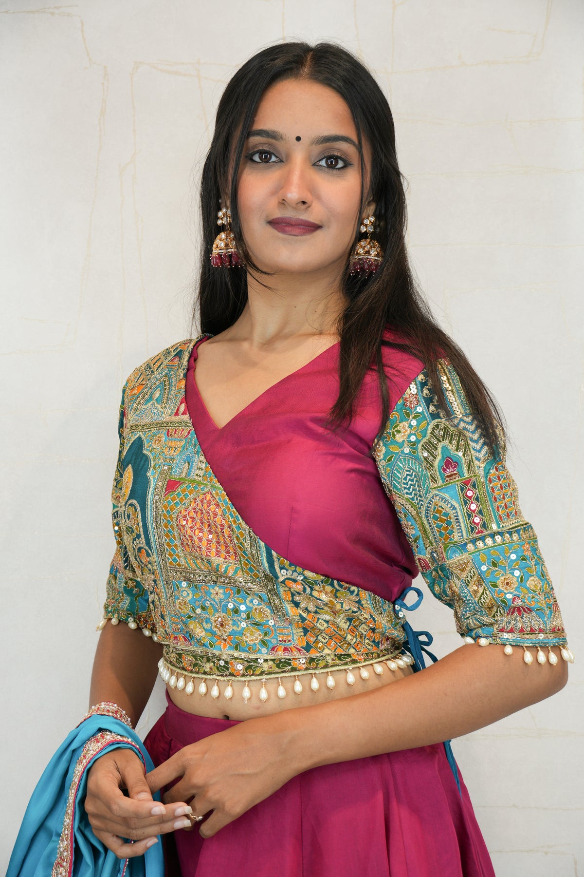 Embroidered Pink Lehenga with Blue Dupatta