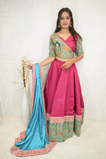Embroidered Pink Lehenga with Blue Dupatta