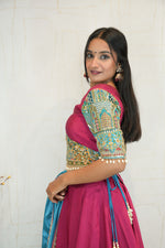 Embroidered Pink Lehenga with Blue Dupatta