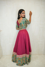 Embroidered Pink Lehenga with Blue Dupatta