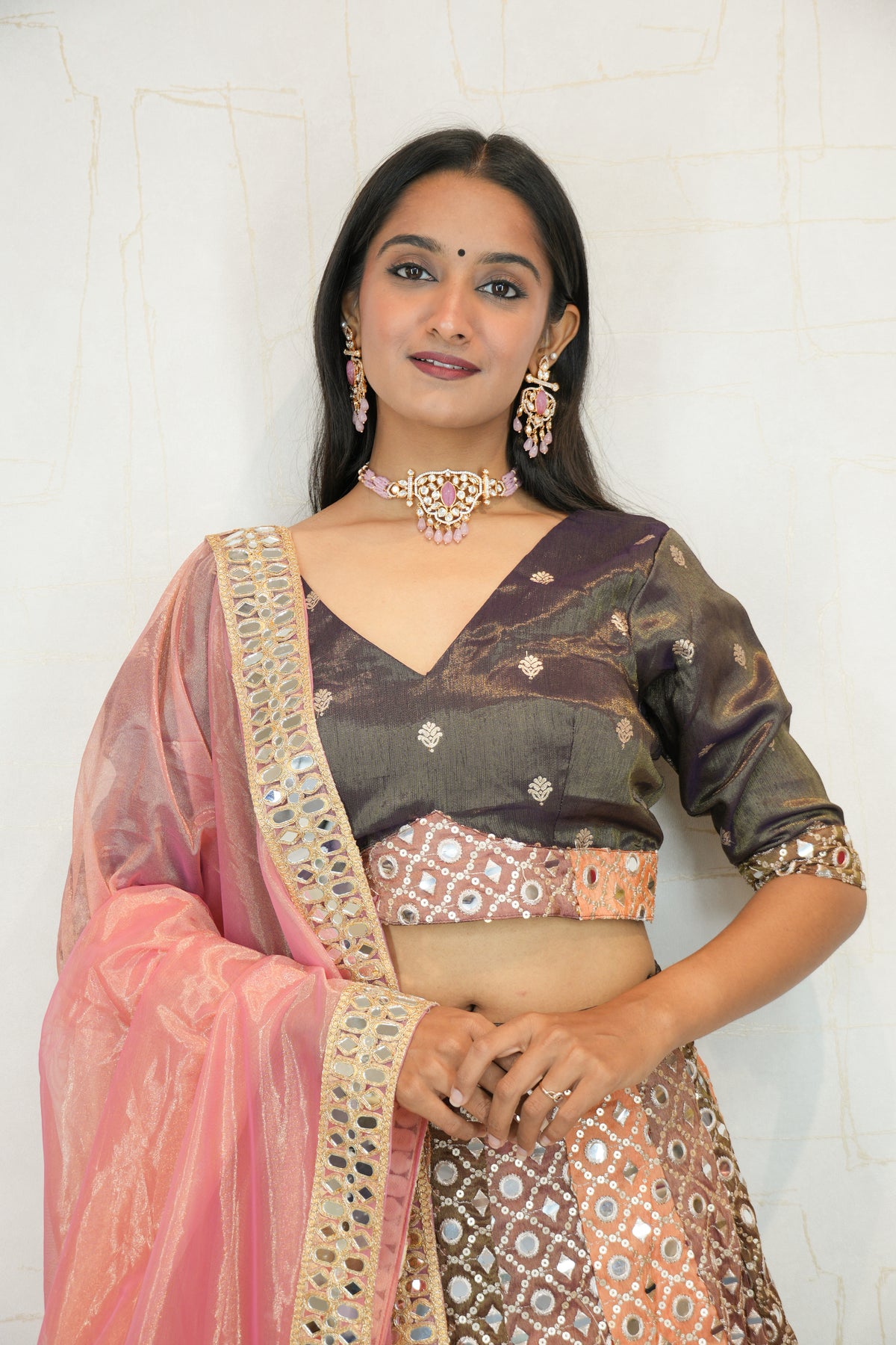 Brown & Peach Mirror Work Lehenga with Pink Dupatta