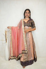 Brown & Peach Mirror Work Lehenga with Pink Dupatta