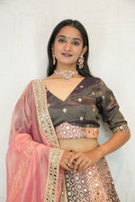 Brown & Peach Mirror Work Lehenga with Pink Dupatta