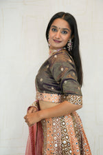 Brown & Peach Mirror Work Lehenga with Pink Dupatta