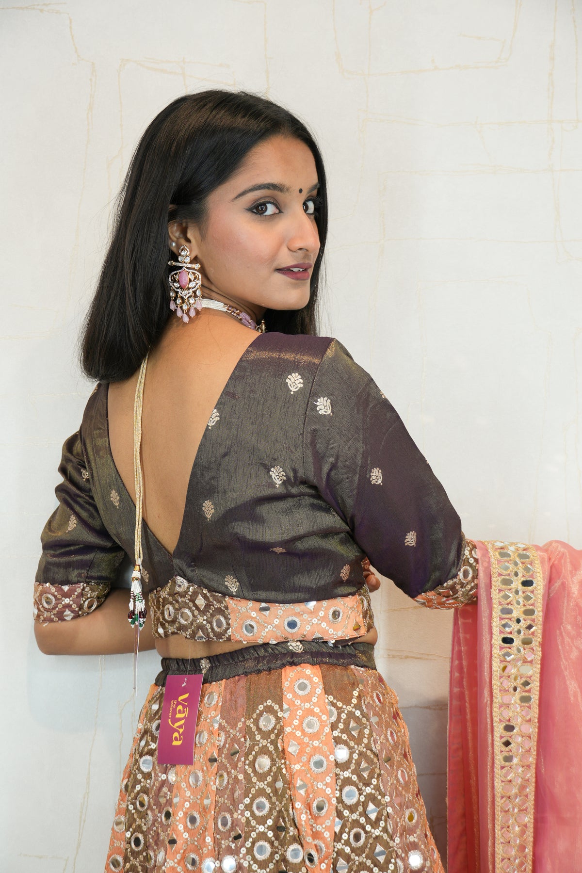 Brown & Peach Mirror Work Lehenga with Pink Dupatta