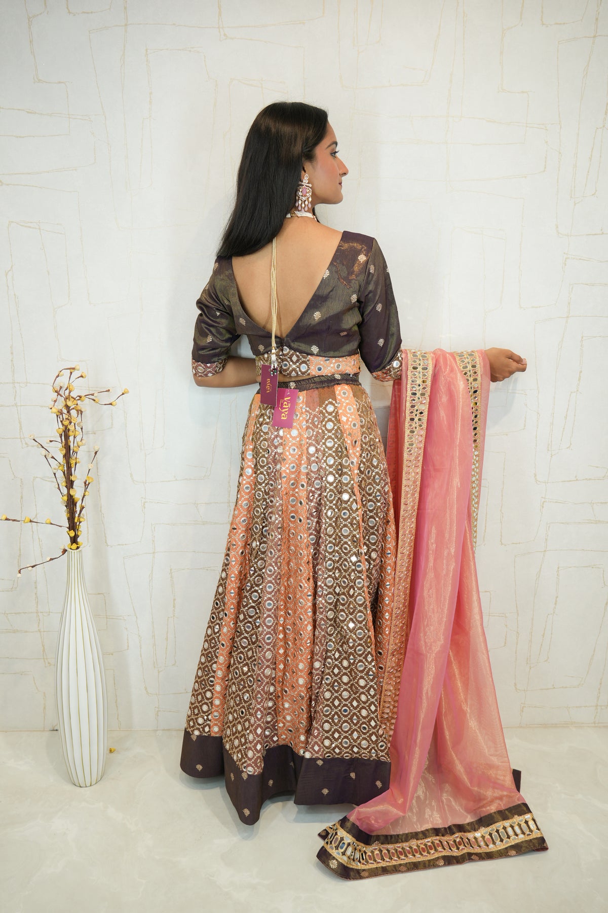 Brown & Peach Mirror Work Lehenga with Pink Dupatta