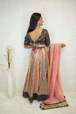 Brown & Peach Mirror Work Lehenga with Pink Dupatta