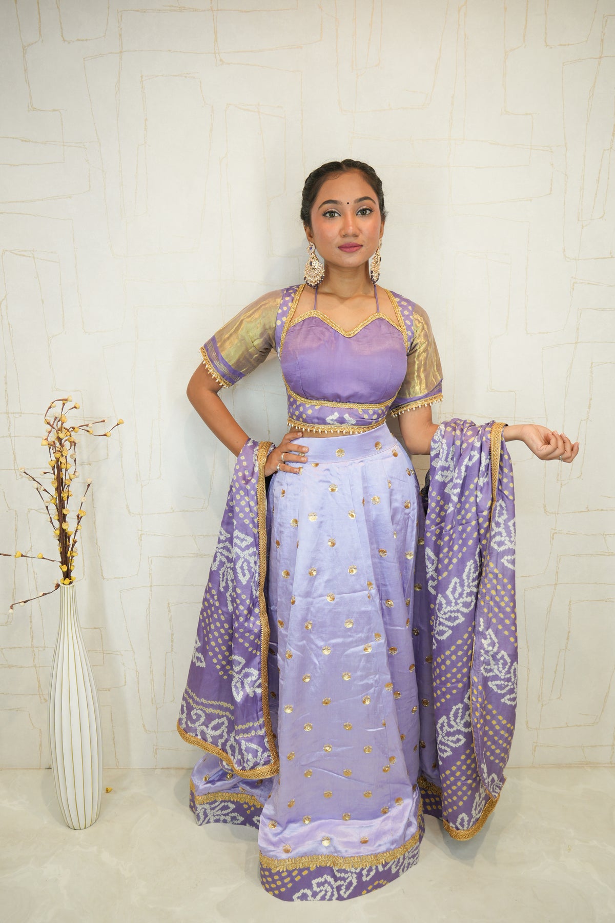 Lavender Embroidered Lehenga with Bandhani Dupatta