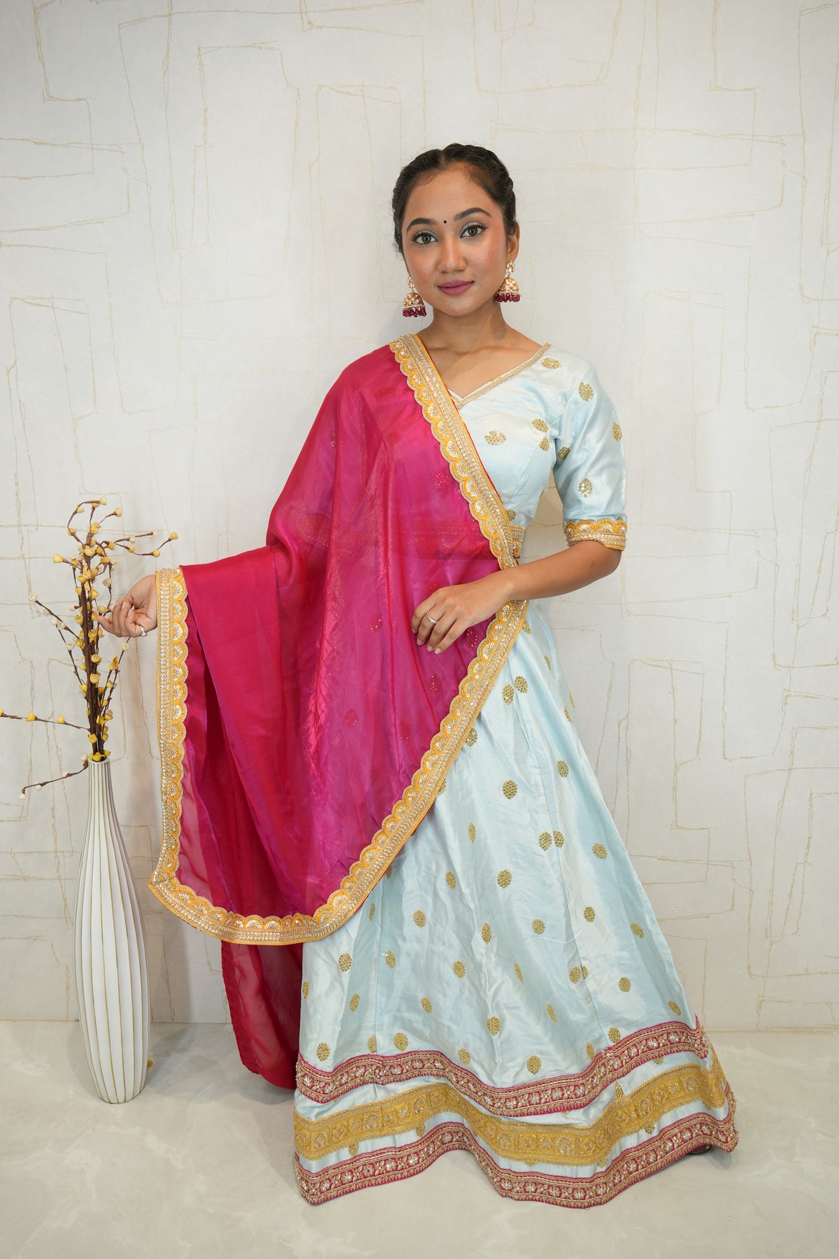 Sky Blue Embroidered Lehenga with Pink Dupatta
