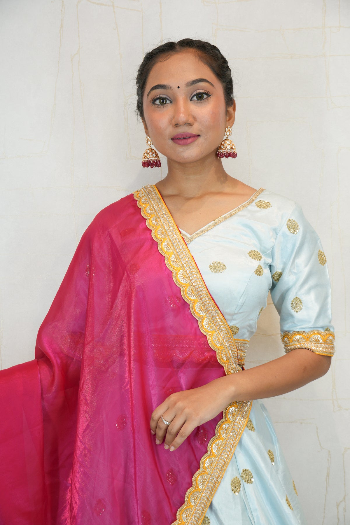 Sky Blue Embroidered Lehenga with Pink Dupatta