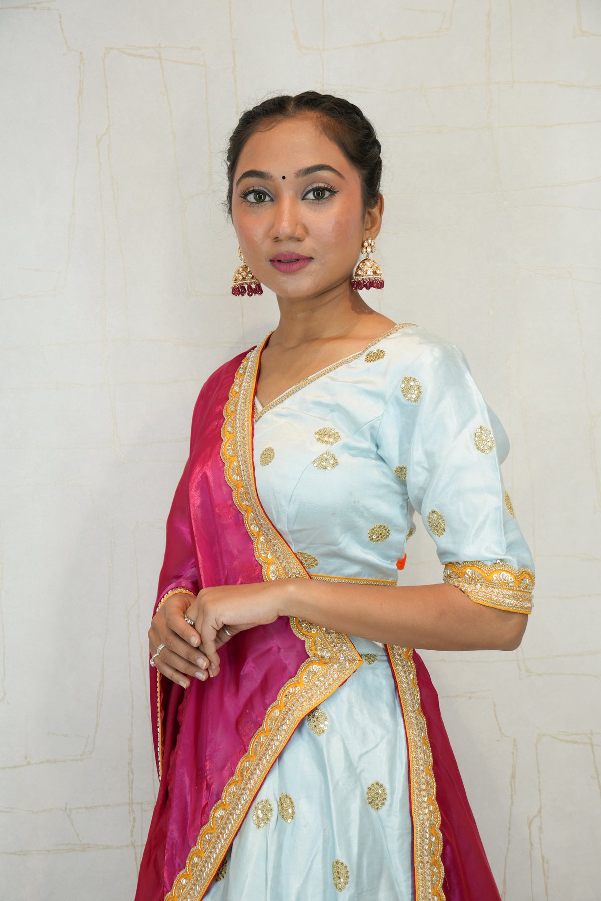 Sky Blue Embroidered Lehenga with Pink Dupatta