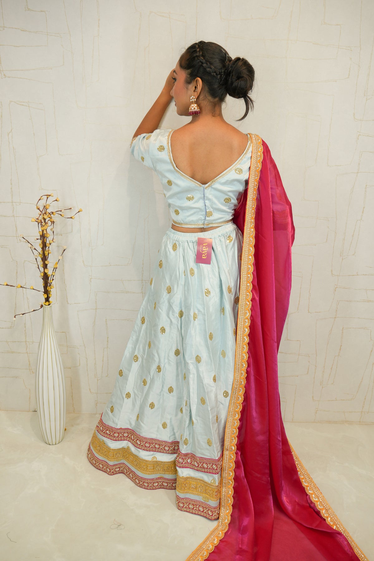 Sky Blue Embroidered Lehenga with Pink Dupatta