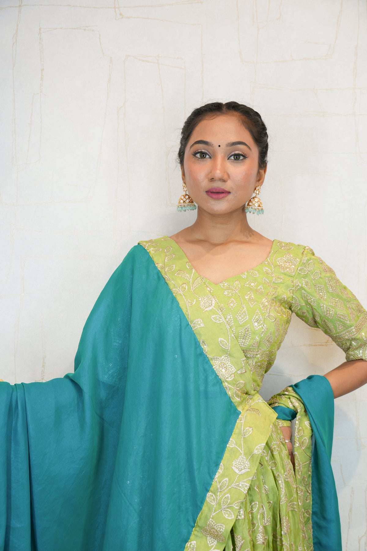 Green Embroidered Lehenga Choli with Blue Dupatta